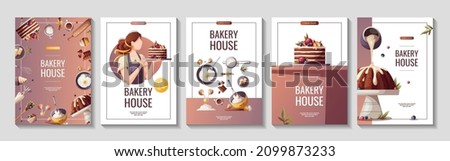 Set of flyers for baking, bakery shop, cooking, sweet products, dessert, pastry. A4 Vector illustration for poster, banner, cover, flyer, menu, advertising. Royalty-Free Stock Photo #2099873233