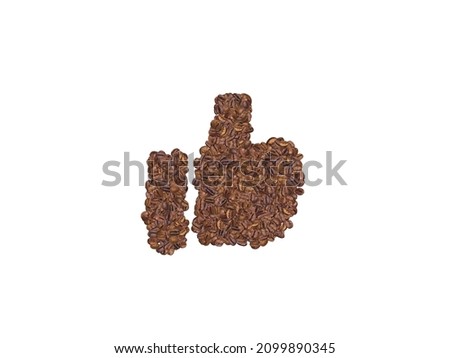 A like symbol formed with coffee beans. Approval thumbs up sign for coffeehouse or cafe.