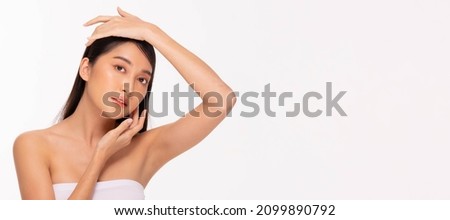 Beauty asian women  touching soft chin portrait face with natural skin and skin care healthy hair and skin close up face beauty portrait.Beauty Concept on white background.