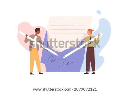 Contract signing concept. Partners putting signatures on business paper document. Businessmen with pens during legal agreement conclusion. Flat vector illustration isolated on white background Royalty-Free Stock Photo #2099892121