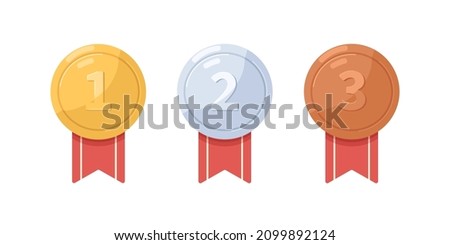Gold, silver and bronze medals. Metal awards, winner badges for first, second and third places. 1st, 2nd and 3d prizes in competition. Flat graphic vector illustration isolated on white background Royalty-Free Stock Photo #2099892124