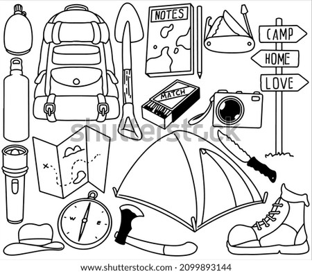 Set of doodle hand drawn camping and outdoor stuff collection isolated on white background.