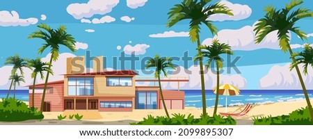 Tropical resort luxury villa for rest, vacation. Modern architecture with exotic palms, sea, ocean, beach coastline. Seaview summer landscape. Vector illustration cartoon style Royalty-Free Stock Photo #2099895307
