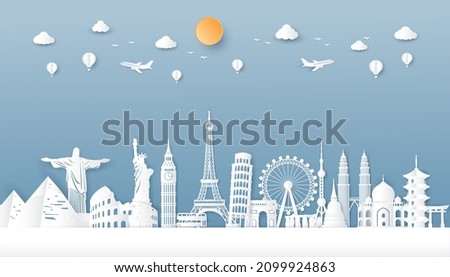 Travel famous landmarks around world in paper cut. postcards europe,america asia. vector illustration in origami craft style.