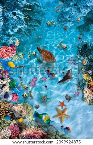 3d floor. High quality image with a stingray. Underwater world. Top view. for self-leveling floors. for photo wallpapers.