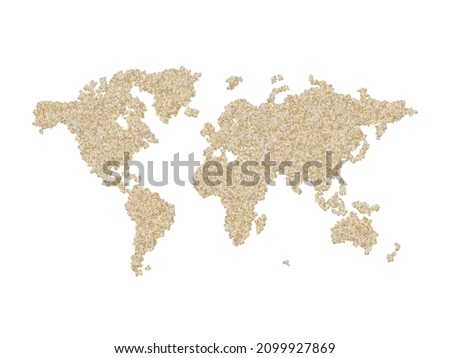 Map of the world made with pearled barley cereal gains on a white isolated background. Export, production, supply, agricultural or health concept.