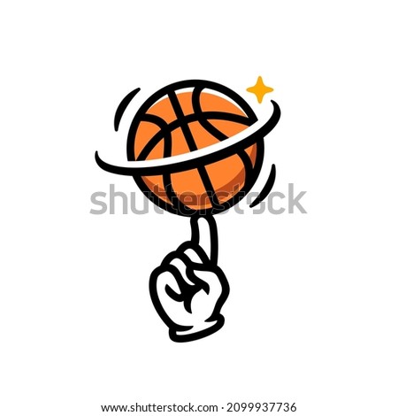 hand with spinning basketball vector logo illustration icon. Simple mascot logo Hand wearing glove with a basket ball on cartoon modern style. basketball spinning on finger. sport concept 