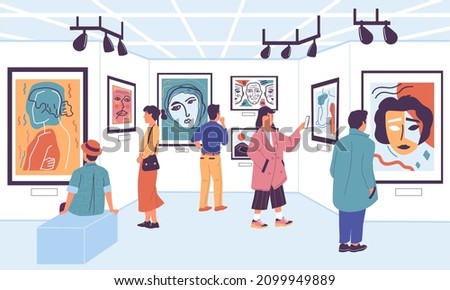 Art gallery. Cartoon people at museum exhibition looking at paintings and artworks, tourists on festival. Vector contemporary exposition visitors Royalty-Free Stock Photo #2099949889