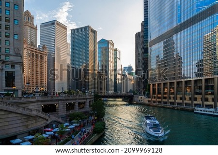 Panorama cityscape of Chicago downtown and River with bridges at day time, Chicago, Illinois, USA. A vibrant business neighborhood Royalty-Free Stock Photo #2099969128