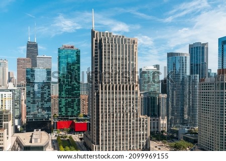 Aerial panoramic city view of Chicago downtown area at day time, Illinois, USA. Bird's eye view of skyscrapers at financial district, skyline. A vibrant business neighborhood. Royalty-Free Stock Photo #2099969155