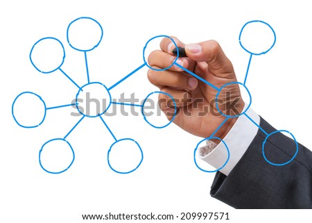 business hand drawing network link on white background