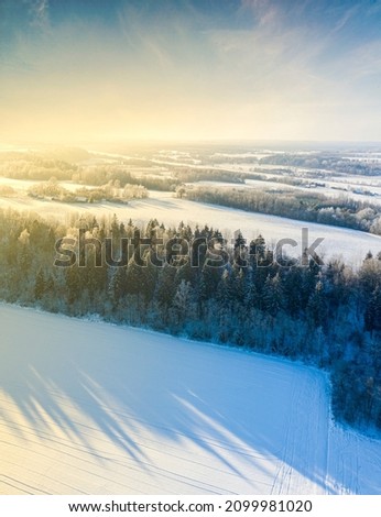 snow and frost in the field from drone, snowy field and frozen river