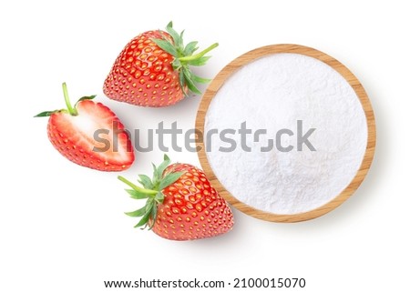 Fresh strawberry with sugar powder isolated on white background. Top view. Flat lay. Royalty-Free Stock Photo #2100015070