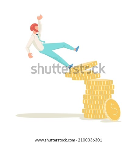 Male investor falls from a stack of coins. Finance decrease and business crisis concept. Flat Art Vector Illustration