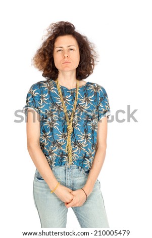 Beautiful woman doing different expressions in different sets of clothes: angry
