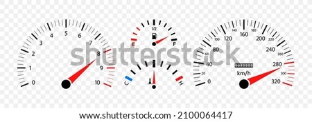 Car speedometer. Auto dashboard with gauge of speed, tachometer, odometer. Icons isolated on transparent background. Panel of meter of fuel, engine rpm and temperature. Sport car. Vector. Royalty-Free Stock Photo #2100064417