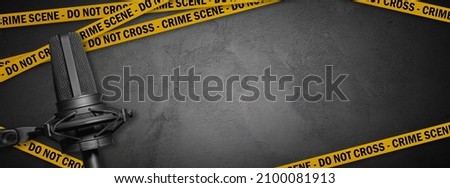 criminal investigation podcast. Crime audio story banner with concrete wall, microphone and crossing lines