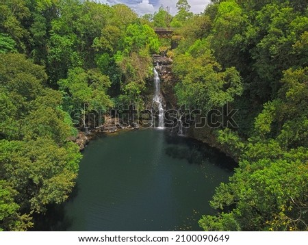 Aerial view of Rivière du Poste waterfall hidden in the south of Mauritius island