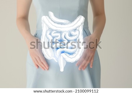 Unrecognizable female patient in blue clothes, highlighted handrawn intestine in hands. Human digestive system issues concept. Royalty-Free Stock Photo #2100099112