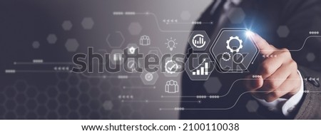 Business process management concept. Businessman touch on virtual innovation Operations management gears icons, High quality control , Problem solving, workflow, monitoring and innovation. Royalty-Free Stock Photo #2100110038
