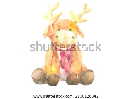 Watercolor colored illustration of brown toy deer with pink band sitting