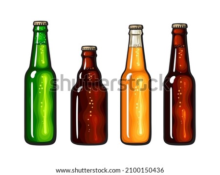 Hand drown set of beer bottles. Bottles of light and dark beer, soda or lemonade. Vector illustration isolated on white background.