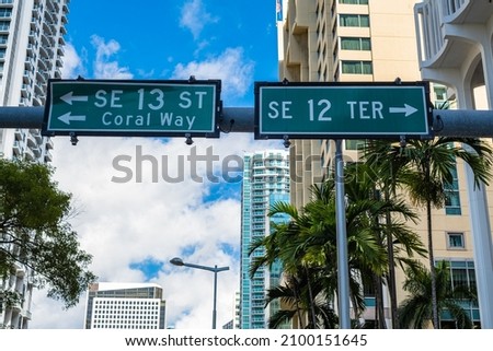 Cityscape sign view in the downtown Brickell district in Miami.