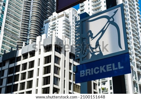 Cityscape sign view in the downtown Brickell district in Miami.