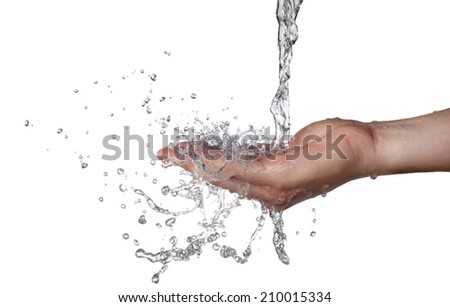 Hands and stream of water. On white background. High resolution.