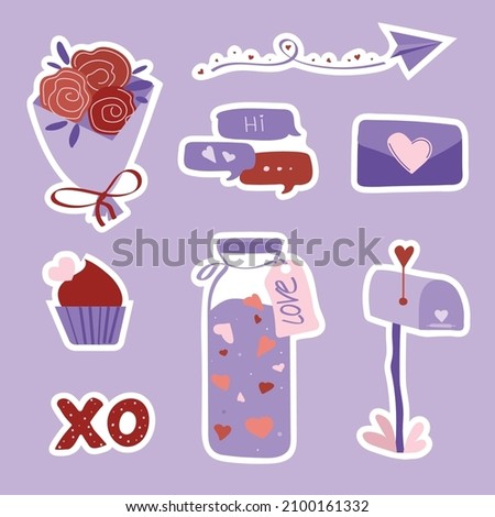 Valentine's day set of stickers with flower, letter, mailbox, bottle  love drink, muffin,  digital messages and airplanes. Vector illustration for february 14 gift card