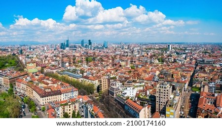 Milan aerial panoramic view. Milan is a capital of Lombardy and the second most populous city in Italy. Royalty-Free Stock Photo #2100174160