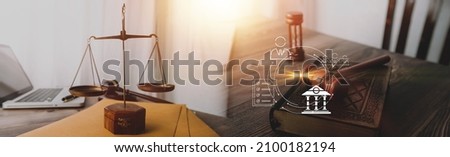 Law firm office, Selective focus judges gavel, businesswoman or female lawyer making contract paper with law book, scales of justice, document legal, justice advice service concept.