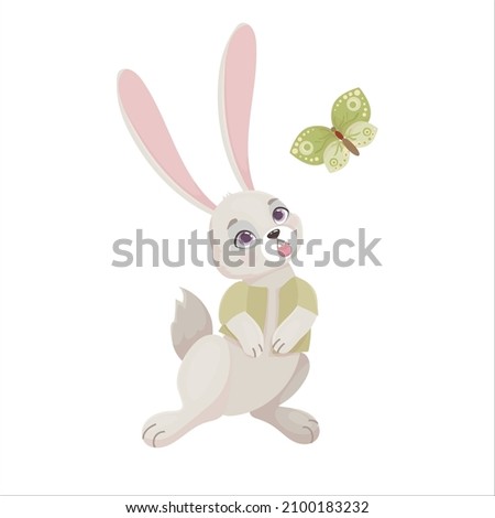 Funny Rabbit catches butterflies in a cartoon style. Hare is a farmer. Vector illustration isolated on white background.