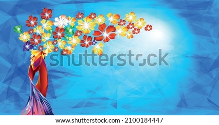 Torch, Flame from flowers. A hand from the Olympic ribbons holds the Cup with a torch on a blue background in a geometric triangle Olympic games, Beijing, Beijing 2022, XXIV Olympic Winter Games