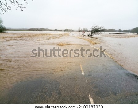 Road cut rain and floods in river flood with muddy water and some fallen tree