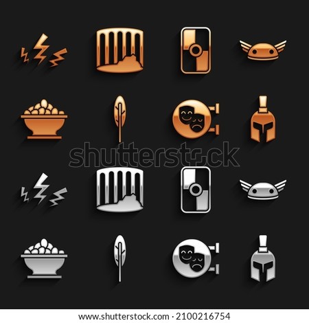 Set Feather pen, Helmet with wings, Greek helmet, Comedy and tragedy masks, Olives bowl, shield, Zeus and Ancient column icon. Vector