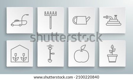 Set line Home greenhouse and plants, Garden rake, Grass weed electric string trimmer, Apple, Plant pot, Watering can, hose or fire hose and Lawn mower icon. Vector