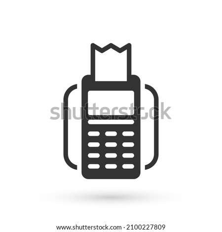 Grey POS terminal with inserted credit card and printed reciept icon isolated on white background. NFC payment concept.  Vector