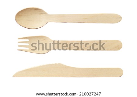 Wooden spoon, knife and fork isolated on white background Royalty-Free Stock Photo #210027247