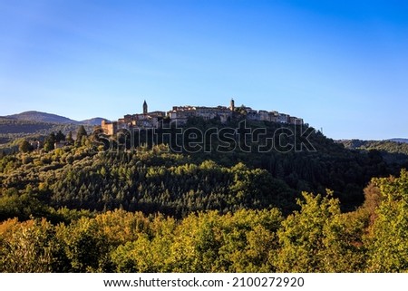 Seggiano Tuscany city on sunrise with plants and forest in the picture.