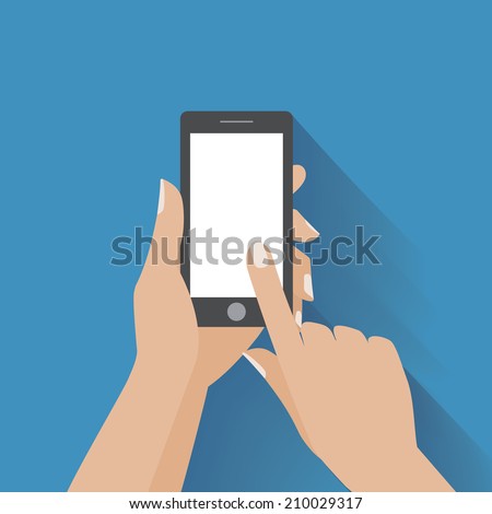 Hand holding black smartphone, touching blank white screen. Using mobile smart phone, flat design concept. Eps 10 vector illustration Royalty-Free Stock Photo #210029317