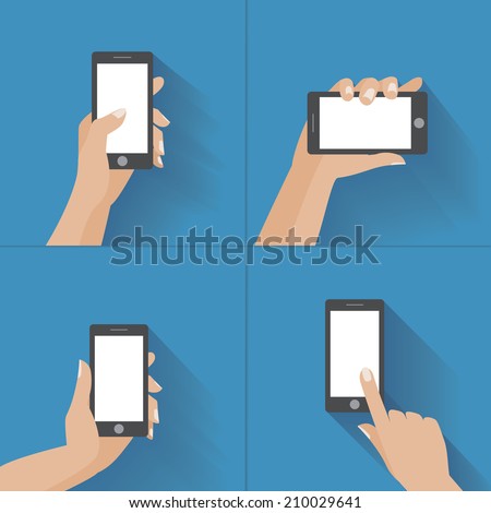 Hand holding black smartphone, touching blank white screen. Using mobile smart phone, flat design concept. Eps 10 vector illustration Royalty-Free Stock Photo #210029641