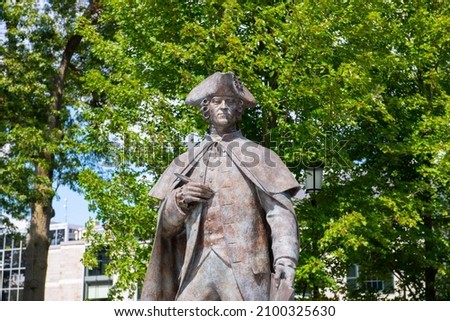 John Hancock statue at the Hancock Adams Green in Quincy Square in city center of Quincy, Massachusetts MA, USA. John Hancock was a founding father and signed the US Declaration of Independence.  Royalty-Free Stock Photo #2100325630