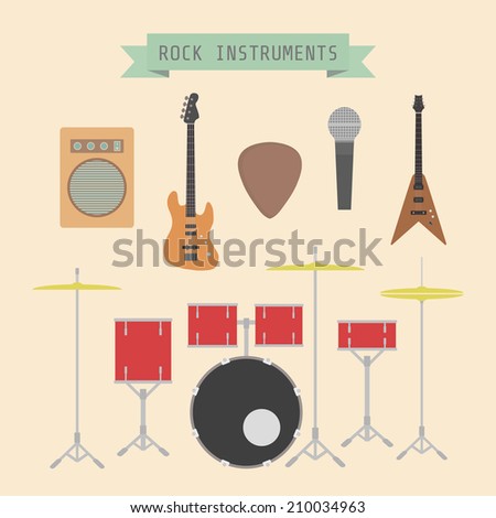 set of rock musical instrument and sign, flat style