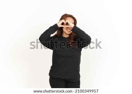 Showing Love or Heart Sign Of Beautiful Asian Woman Wearing Black Shirt Isolated On White Background