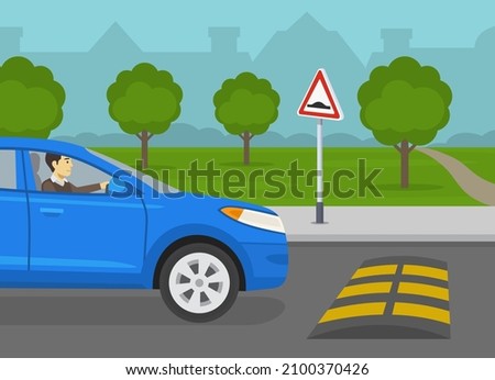 Safety car driving rules. Blue suv car is reaching the speed bump on the road. Speed hump ahead warning sign. Flat vector illustration template. Royalty-Free Stock Photo #2100370426