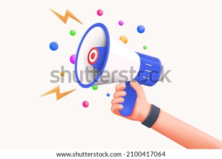 Cartoon hand holding megaphone 3d render on white background with copy space. Digital Marketing concept. 3d Vector illustration Royalty-Free Stock Photo #2100417064