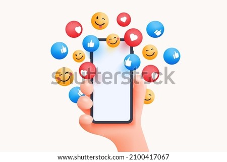 Modern 3D cartoon hand holding smartphone with Likes, hearts and smile notification icons on white background. Social media and marketing concept. Vector 3D illustration Royalty-Free Stock Photo #2100417067