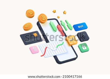 Cryptocurrency transaction and Mobile banking infographic. Send money. Bitcoin digital wallet. E-payment 3d concept. International money transfer 3D vector illustration Royalty-Free Stock Photo #2100417166