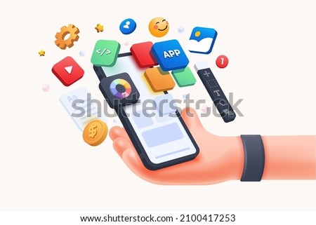 3D Handhold phone mobile app development, application building, app testing, UI-UX and web design. Abstract 3d object background. 3d Vector illustration Royalty-Free Stock Photo #2100417253